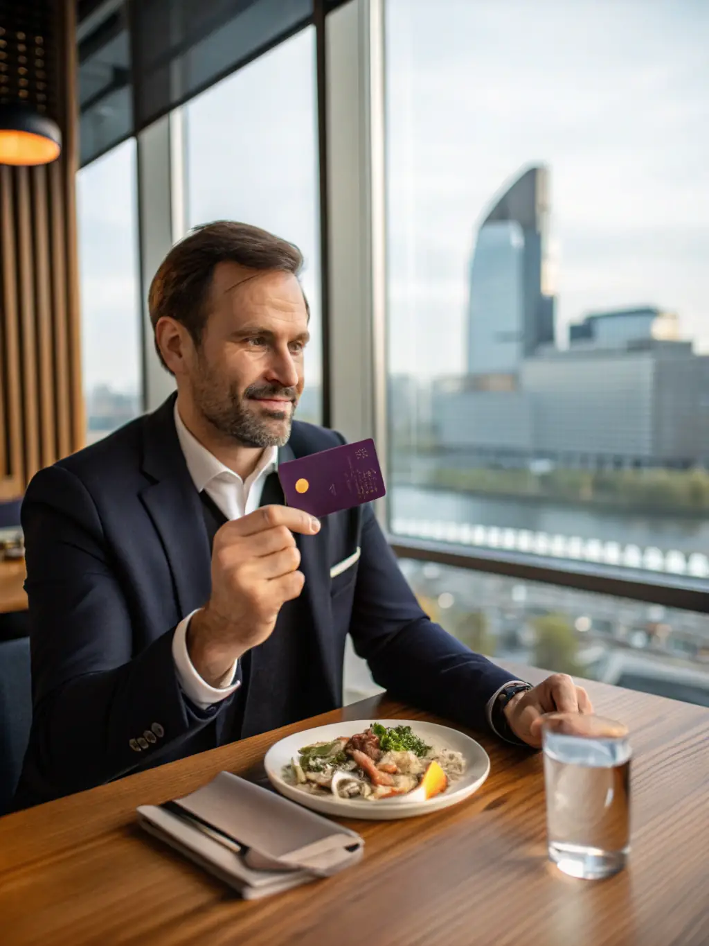 A professional businessman in a suit confidently using a Ramp card to pay for a business lunch at a high-end restaurant, showcasing the card's ease of use and acceptance.