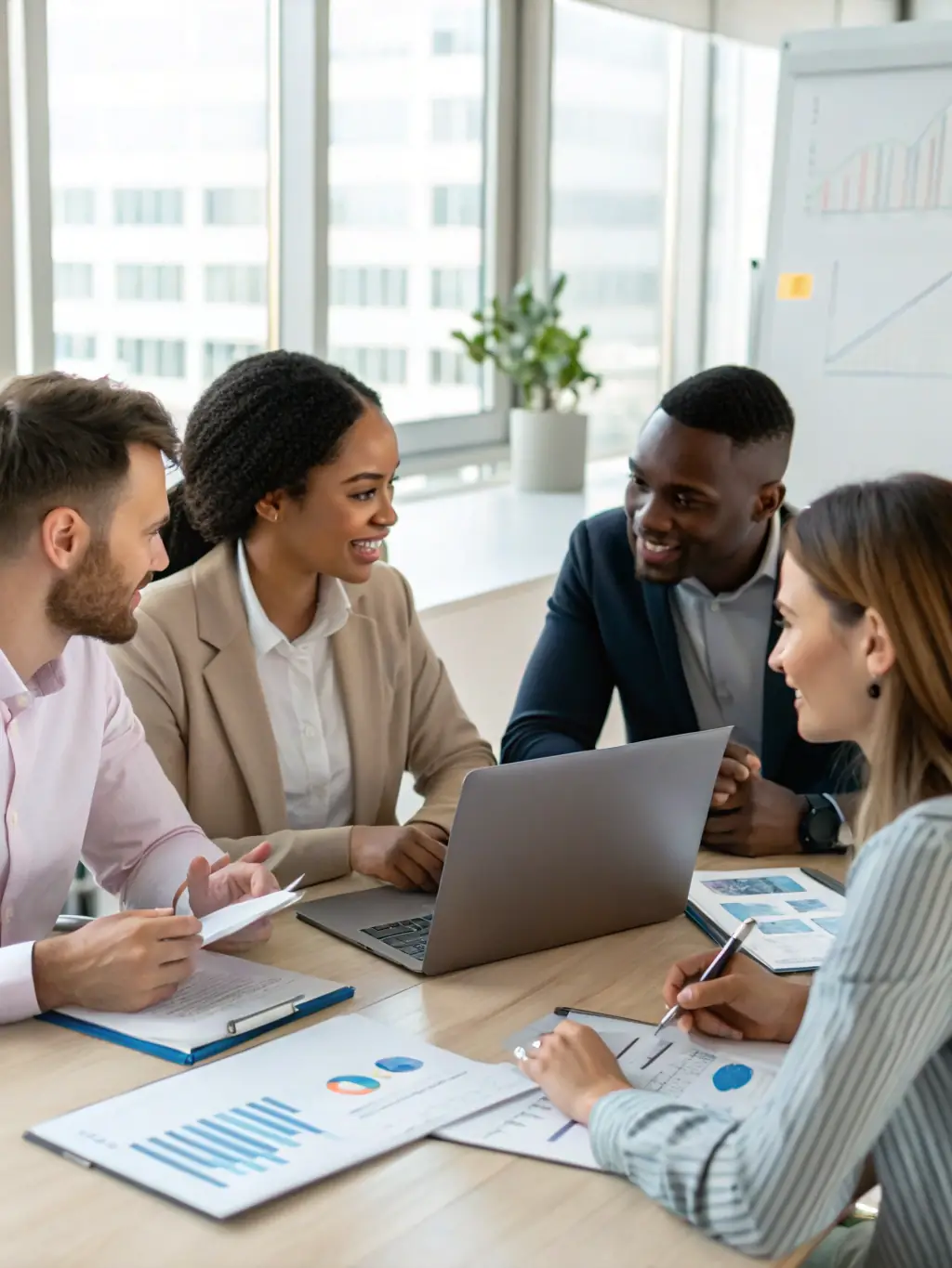 A diverse team of professionals collaborating around a table, using Ramp's platform to access and manage business loans and financial solutions.