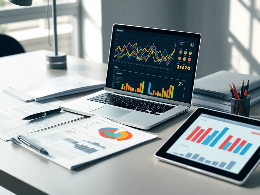 A professional workspace featuring a Brex corporate card on a desk with a laptop displaying financial data, symbolizing modern financial management.